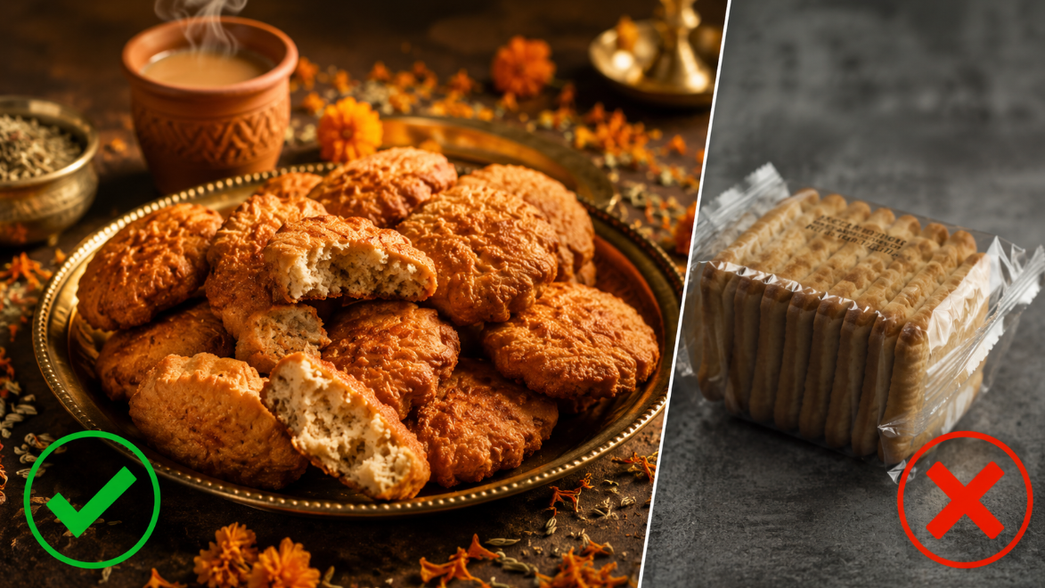 Thekua vs Packaged Biscuits